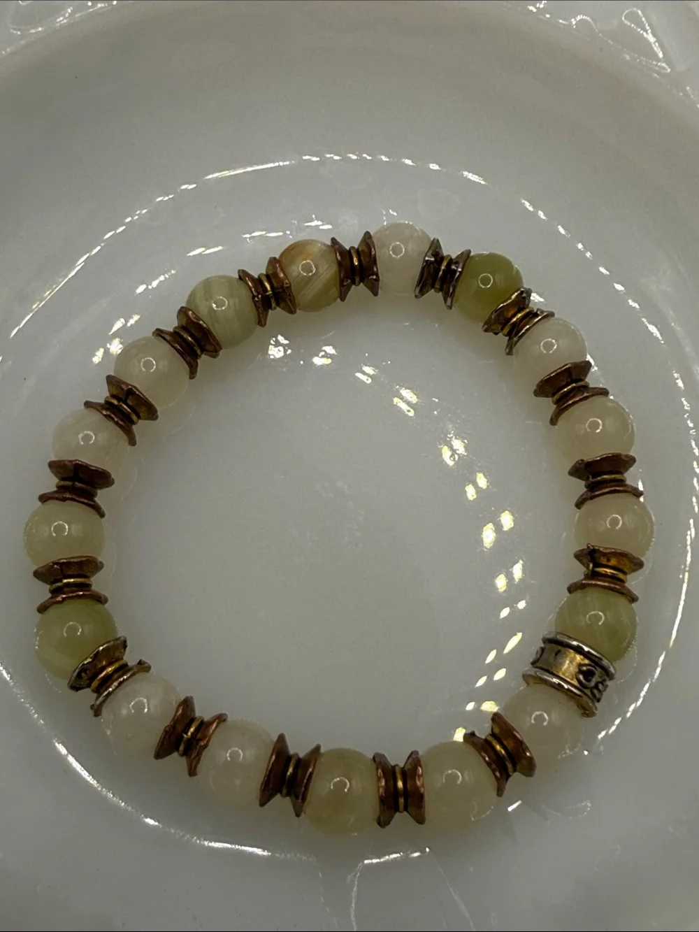 CFC signed Green and Cream Beaded Stretch gemstone bracelet neutral green beige